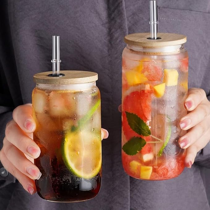 Glass Can Tumbler with Bamboo Lid & Straw – 500ml