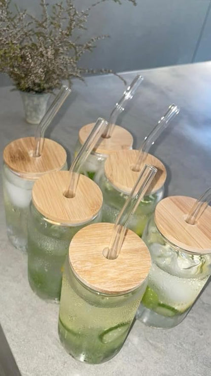 Glass Can Tumbler with Bamboo Lid & Straw – 500ml