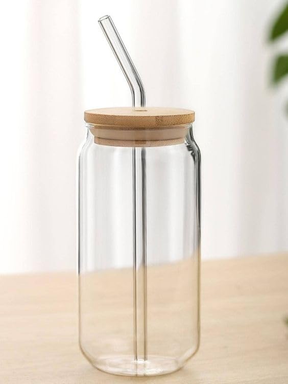 Glass Can Tumbler with Bamboo Lid & Straw – 500ml